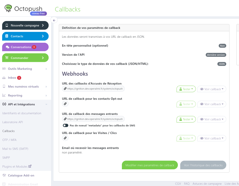 Octopush callback configuration page